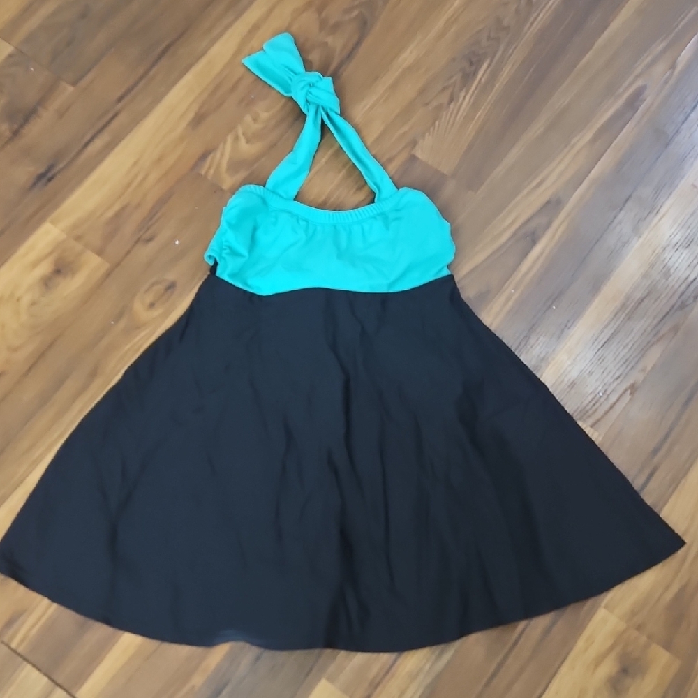 Black and Teal Halter Swim Dress